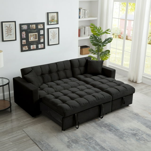 Muumblus 84" Convertible Sleeper Sofa Bed with Storage Chaise, L-Shaped Sectional Sofa, Queen Size Pull Out Sofa Bed in Gray Velvet