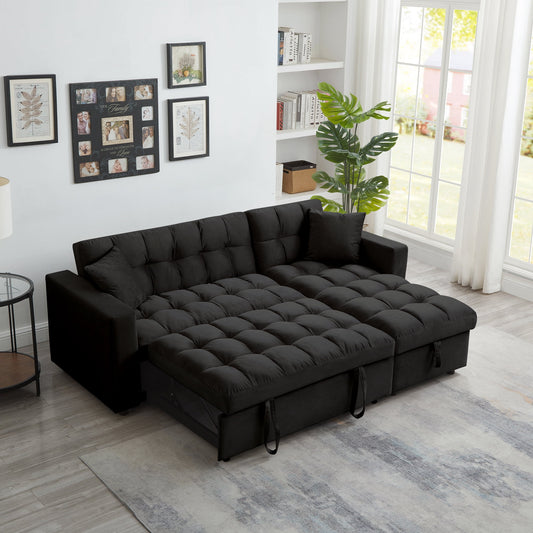 Muumblus 84" Convertible Sofa Bed, Pull Out Sofa Bed, Modern Tufted Sectional Sleeper Sofa with Storage Chaise, L Shaped Sofa Couch for Living Room, Black Velvet