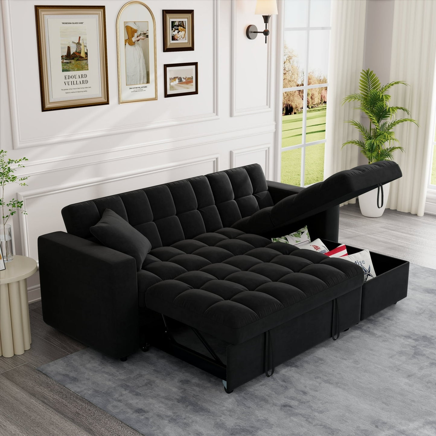 Muumblus 84" Queen Size Convertible Sectional Sleeper Sofa with Storage, Adjustable Backrest, Reversible L-Shaped Pull Out Couch Bed for Living Room, Guest Room