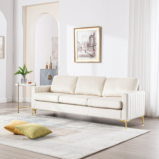 Muumblus 85 inch Sofa Couch, 3 Seater Loveseat Sofa, Mid Century Modern Tufted Velvet Couch for Living Room, Living Room Furniture Sets, Navy Blue
