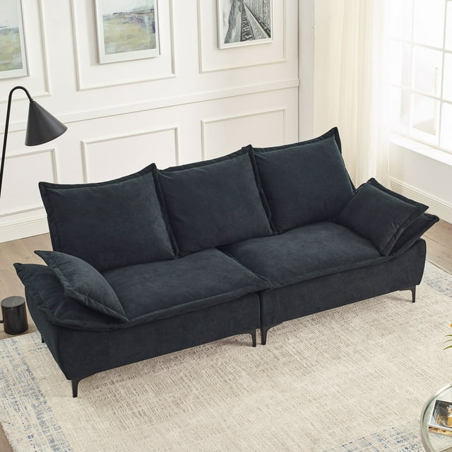 Muumblus 88.5" Upholstered Sofa Couch, 3 Seater Loveseat Sofa with 2 Pillows, Modern Velvet Couch for Living Room, Beige