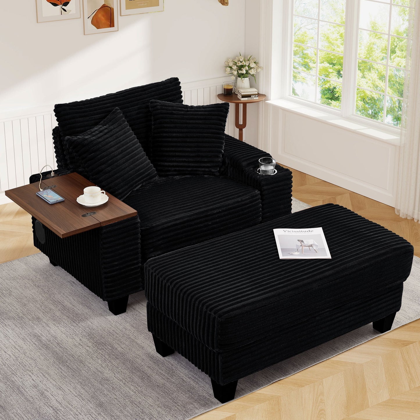 Muumblus Oversized Lounge Accent Chair with Ottoman, Bluetooth Speaker, Versatile Sofa Chairs with Storage Armrest and Rotating Table Board, Modern Cloud Armchair for Living Room