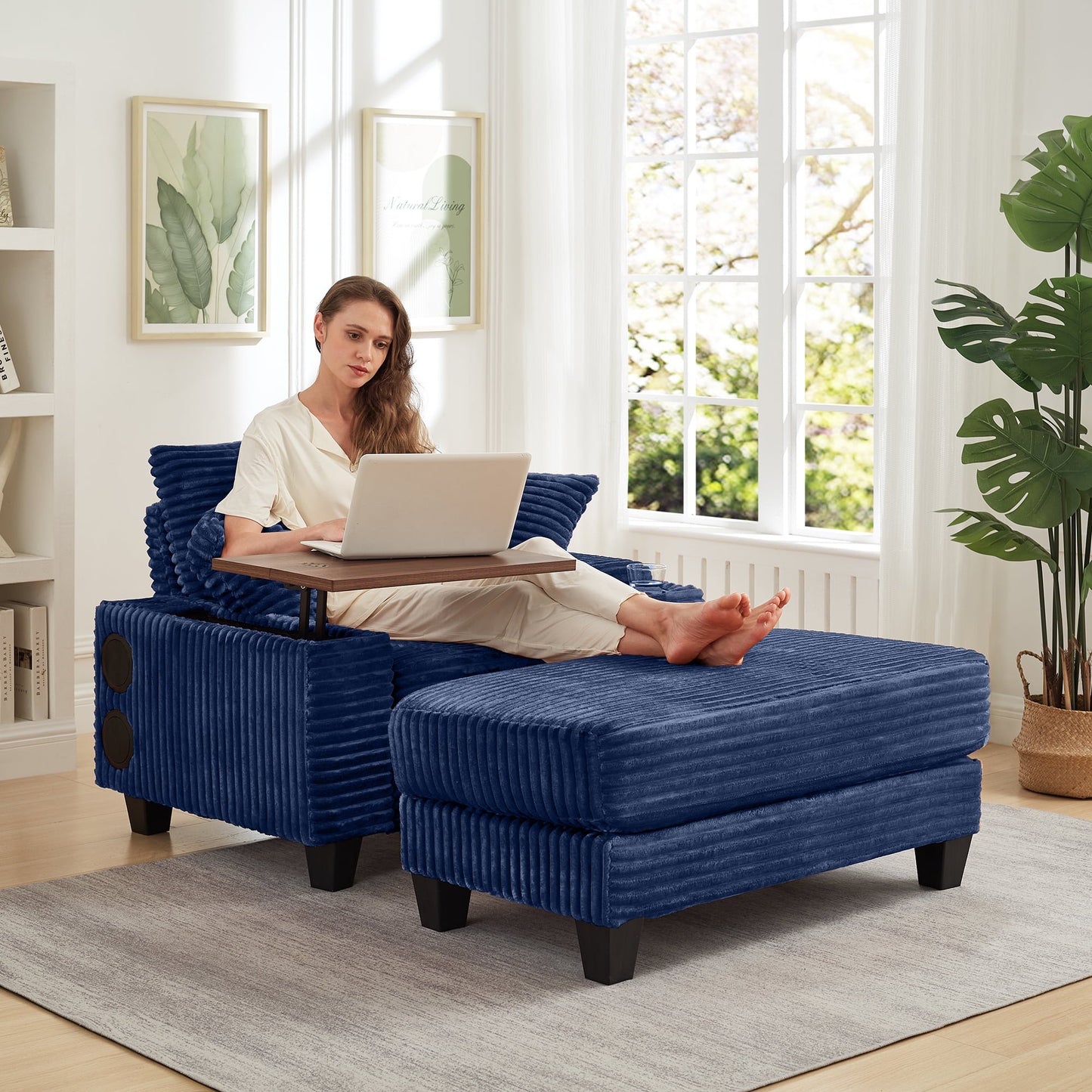 Muumblus Oversized Lounge Accent Chair with Ottoman, Bluetooth Speaker, Versatile Sofa Chairs with Storage Armrest and Rotating Table Board, Modern Cloud Armchair for Living Room