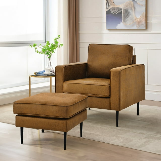 Muumblus Accent Chair with Ottoman, Upholstered Lounge Chiar in Brown Faux Leather