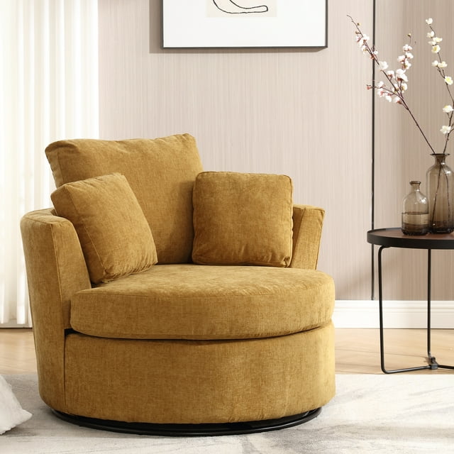 Muumblus Teddy Swivel Accent Chair Barrel Chair, Oversized Comfy Armchair with Pillows, Modern Leisure Sofa Chair for Living Room Bedroom, Ivory