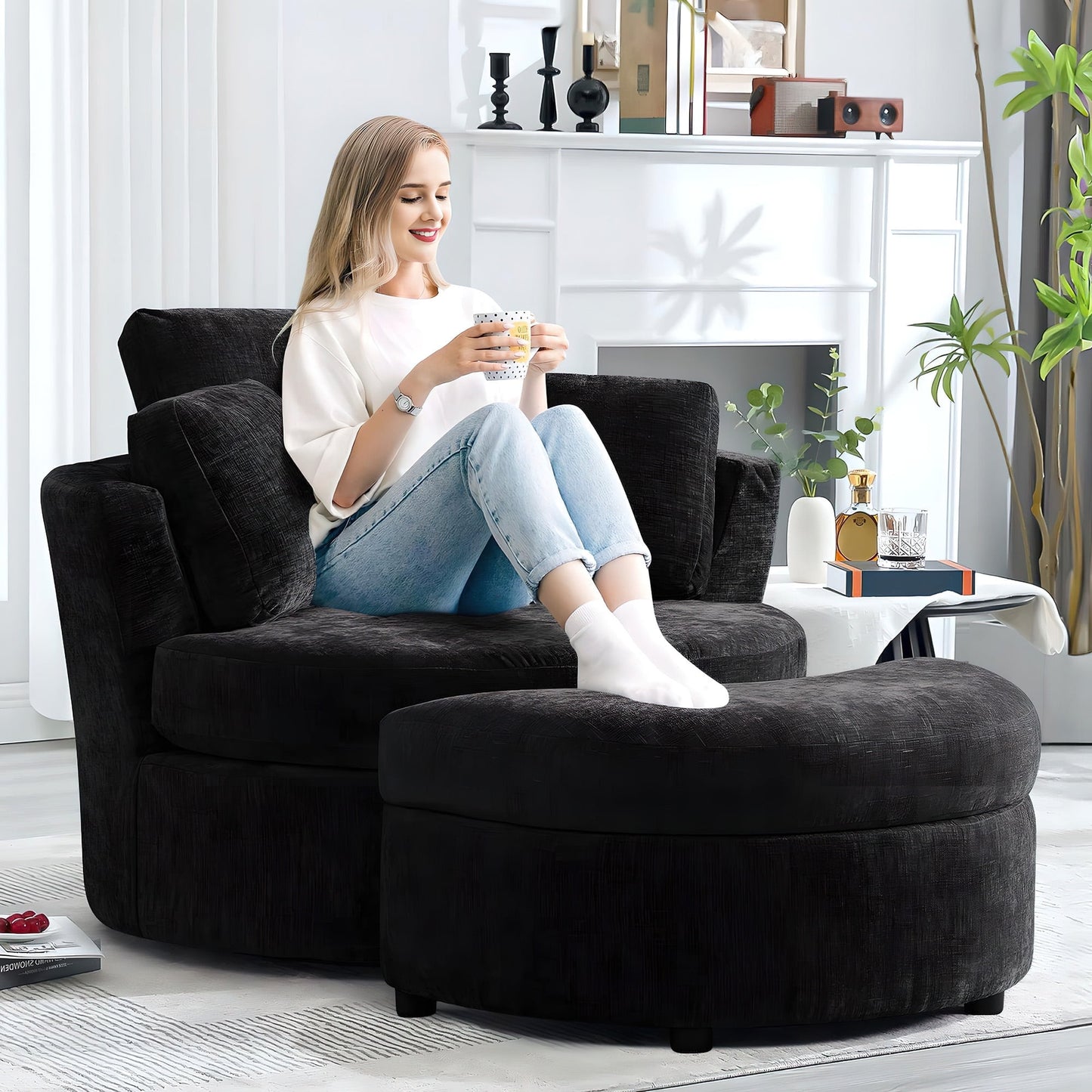 Muumblus Chenille Swivel Barrel Accent Chair with Storage Ottoman, Oversized Comfy Armchair for Living Room Bedroom