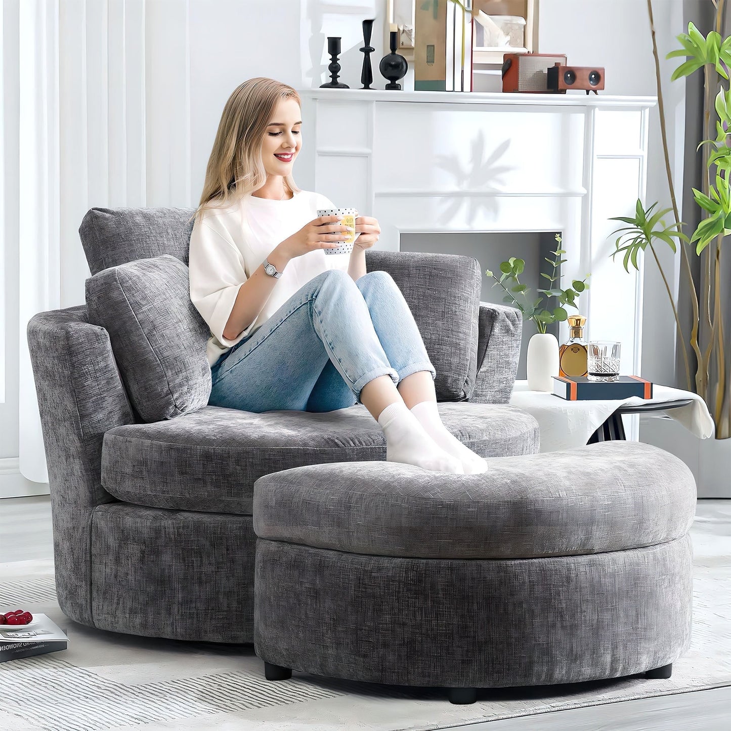 Muumblus Chenille Swivel Barrel Accent Chair with Storage Ottoman, Oversized Comfy Armchair for Living Room Bedroom
