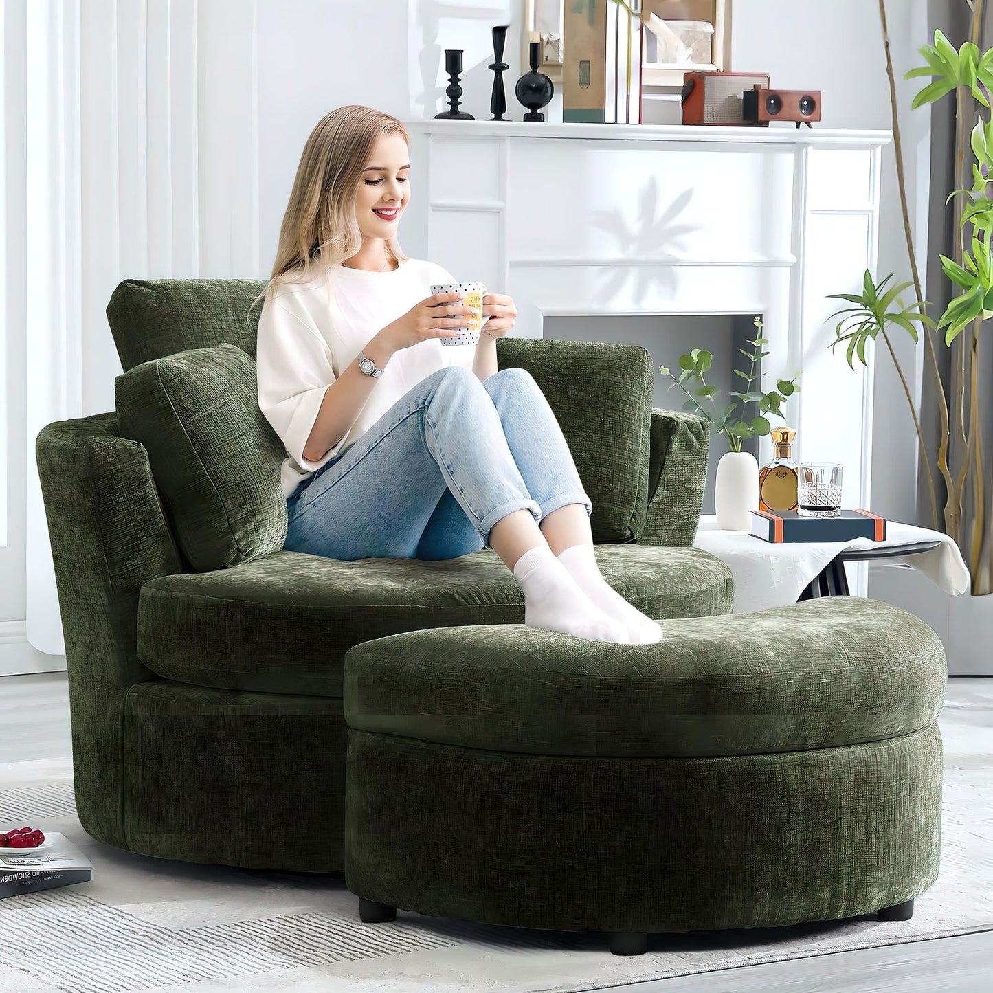Muumblus Chenille Swivel Barrel Accent Chair with Storage Ottoman, Oversized Comfy Armchair for Living Room Bedroom