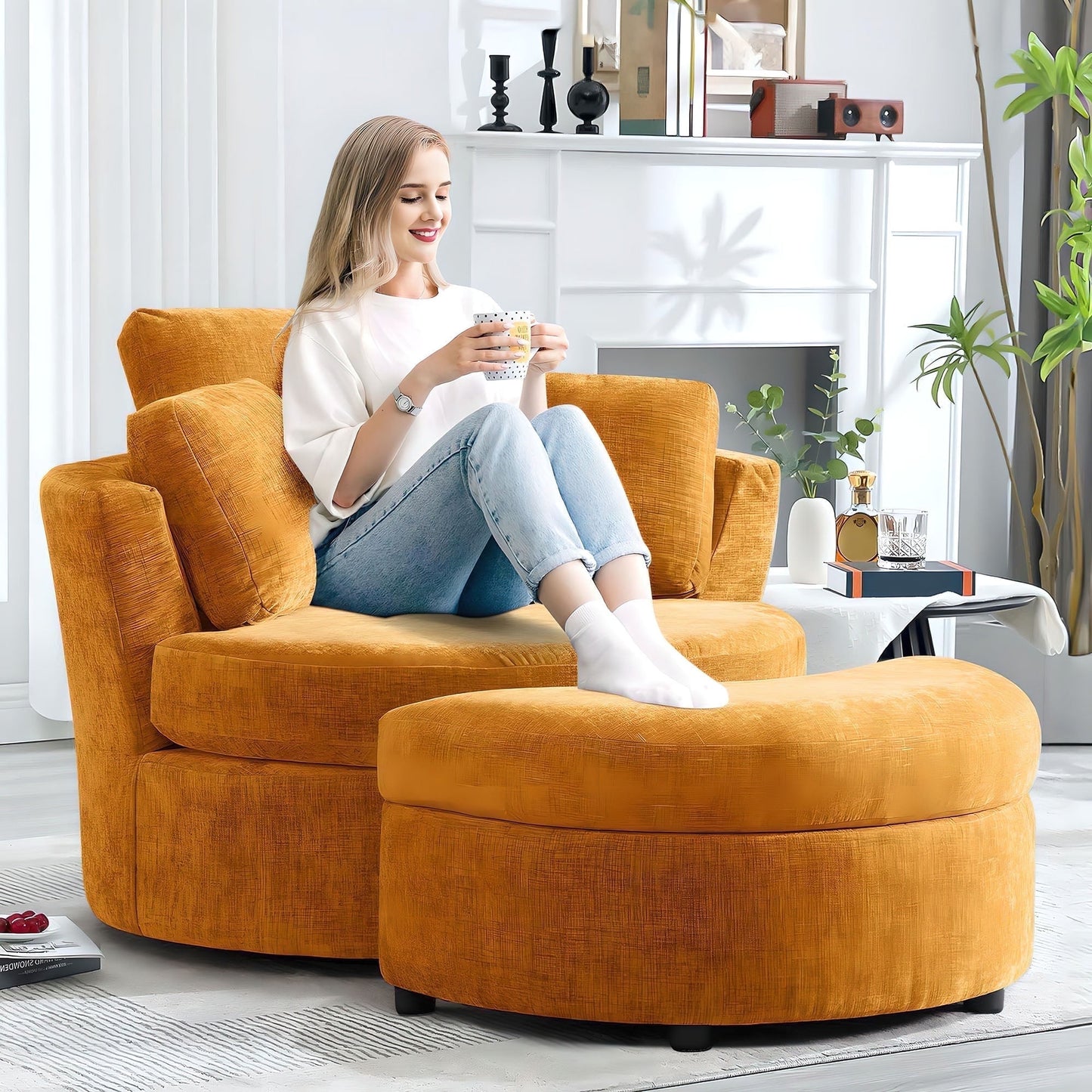 Muumblus Chenille Swivel Barrel Accent Chair with Storage Ottoman, Oversized Comfy Armchair for Living Room Bedroom