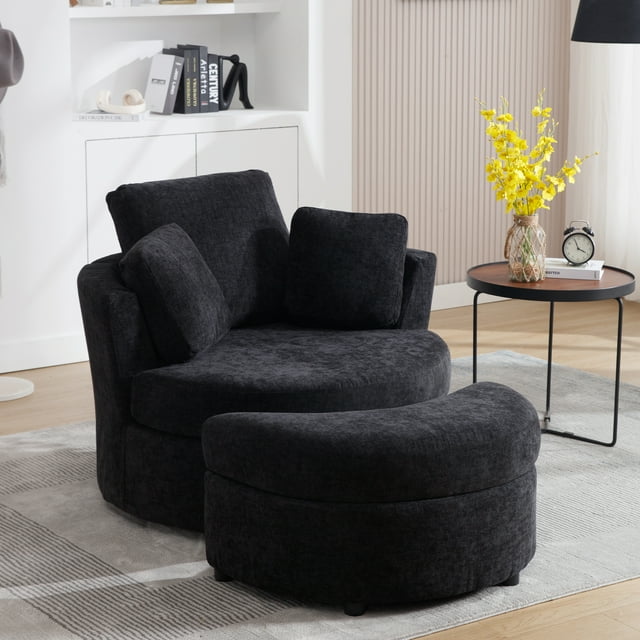 Muumblus Chenille Swivel Barrel Chair Accent Chair with Storage Ottoman, Oversized Comfy Armchair for Living Room Bedroom, Black