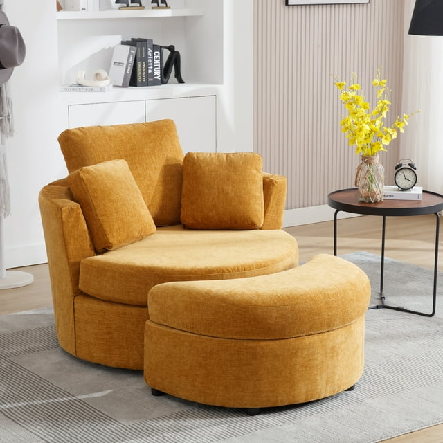 Muumblus Chenille Swivel Barrel Chair Accent Chair with Storage Ottoman, Oversized Comfy Armchair for Living Room Bedroom, Black