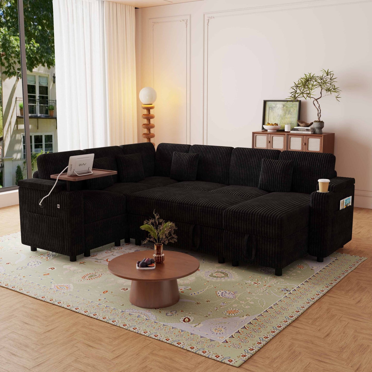 Muumblus Convertible Sectional Sleeper Sofa Bed with Side Table & Storage, Adjustable Back, Pull Out/Futon Corner Couch for Living Room, Dark Gray Corduroy