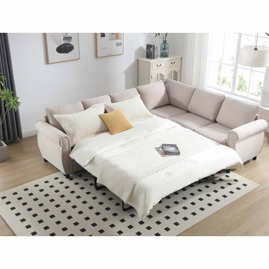 Muumblus Convertible Sectional Sleeper Sofa with Pull Out bed & Mattress, Futon Corner Couch for Living Room, Beige