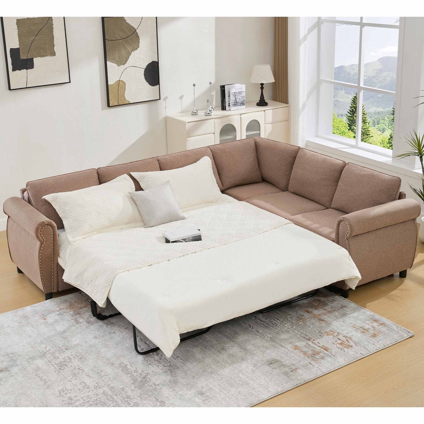 Muumblus Convertible Sectional Sleeper Sofa with Pull Out bed & Mattress, Futon Corner Couch for Living Room, Beige