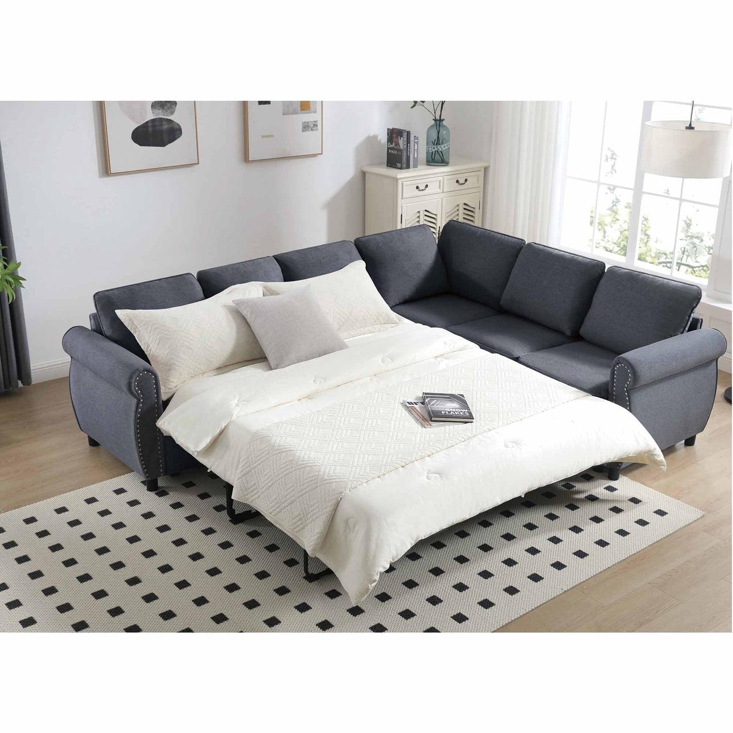 Muumblus Convertible Sectional Sleeper Sofa with Pull Out bed & Mattress, Futon Corner Couch for Living Room, Beige