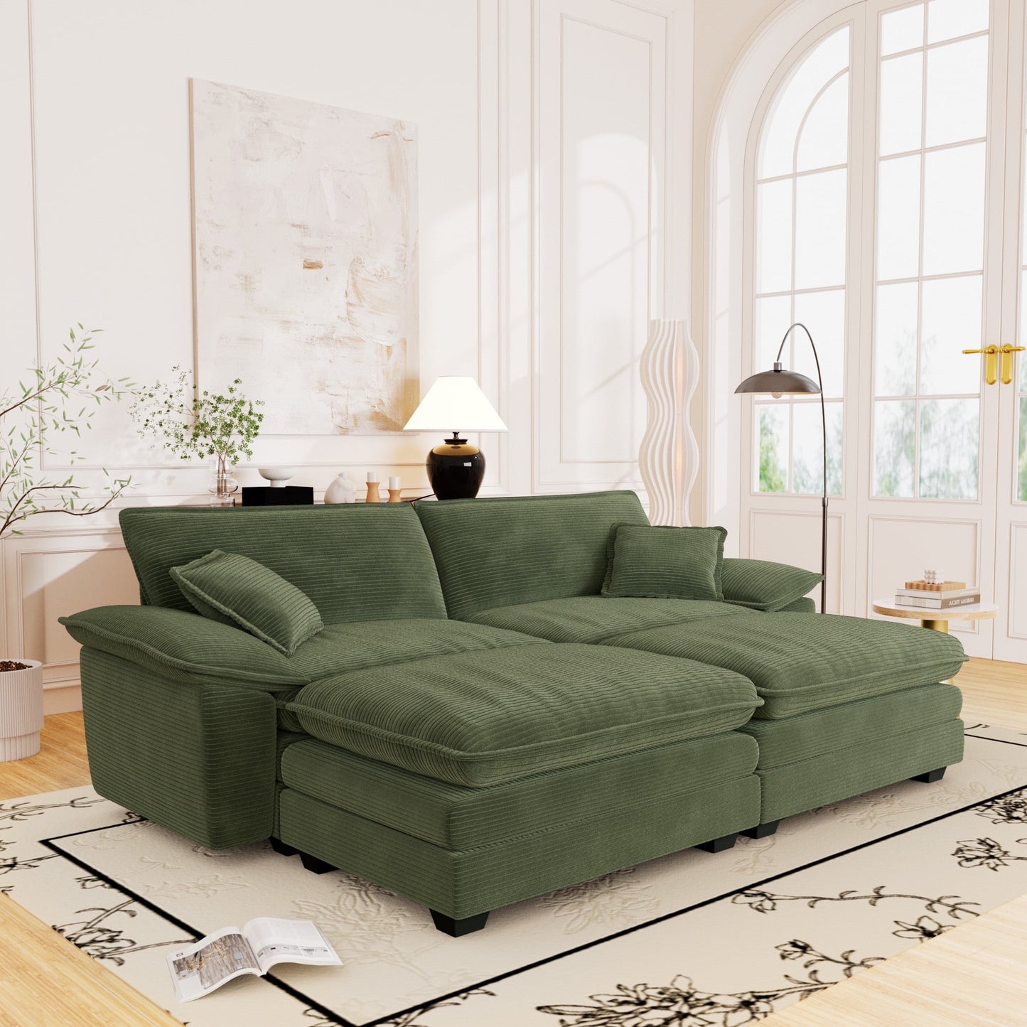 Muumblus Corduroy Comfy Sectional Sofa with 2 Ottoman, Modern Deep Seat Lounge Couch for Living Room
