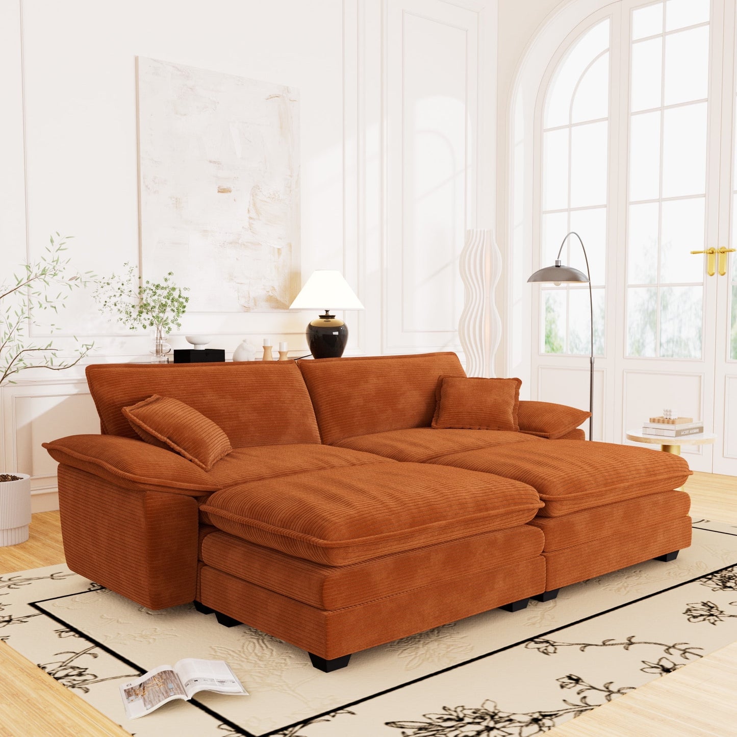 Muumblus Corduroy Comfy Sectional Sofa with 2 Ottoman, Modern Deep Seat Lounge Couch for Living Room