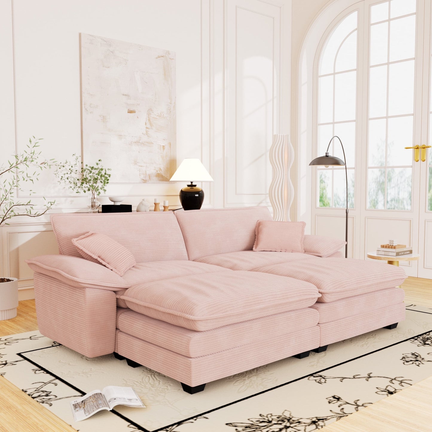 Muumblus Corduroy Comfy Sectional Sofa with 2 Ottoman, Modern Deep Seat Lounge Couch for Living Room