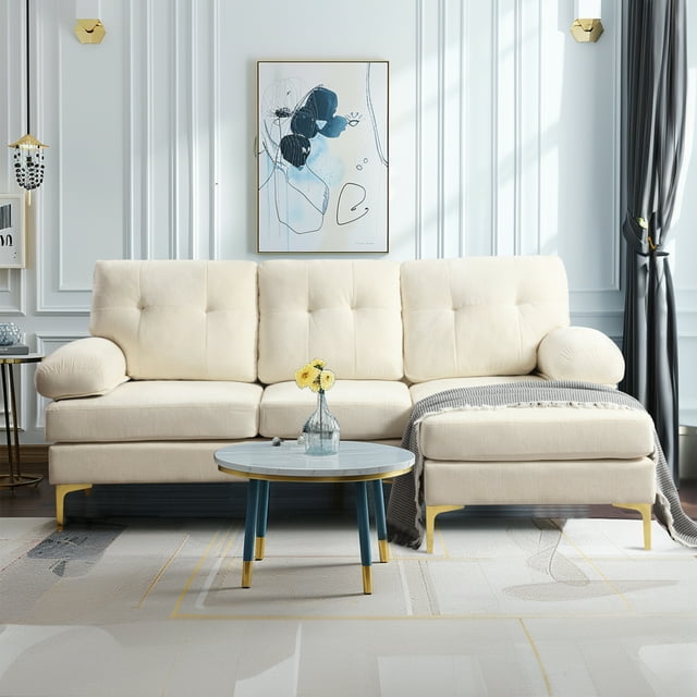 Muumblus L Shaped Sectional Sofa, 83" Chenille Fabric Upholstered Tufted Couch, 3 Seats Wide Chaise Lounge for Living Room, Beige