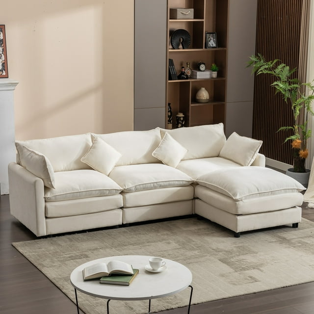 Muumblus L-Shaped Sectional Sofa with Reversible Ottoman, Chenille Modular Cloud Sofa for Living Room, Biege