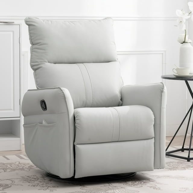 Muumblus Leather Swivel Glider Recliner Chair for Baby Nursery, Modern Upholstered Glider Rocker for Living Room, Bedroom, Light Gray