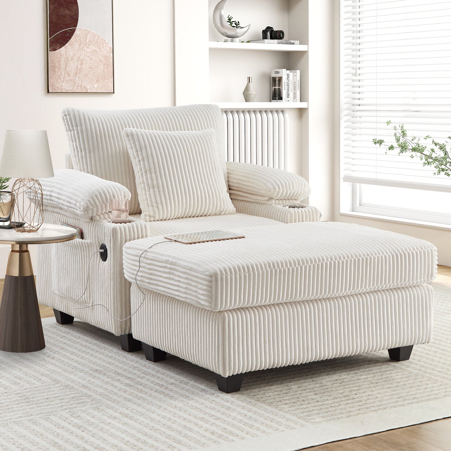 Muumblus Living Room Chair with Ottoman, 7-Speed Adjustable Backrest, USB & Storage Arms, Cozy Indoor Corduroy Lounge Armchair