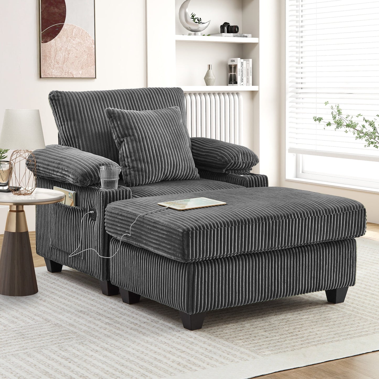 Muumblus Living Room Chair with Ottoman, 7-Speed Adjustable Backrest, USB & Storage Arms, Cozy Indoor Corduroy Lounge Armchair