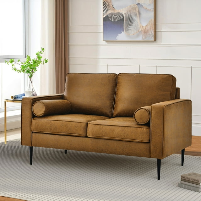Muumblus Living Room Sectional Sofa with Chaise, L-Shaped Small Couch with Ottoman, Brown Faux Leather