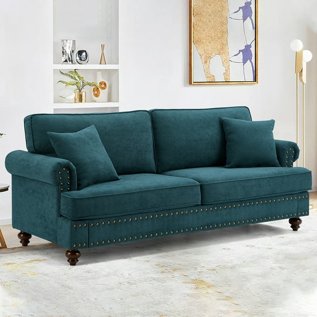 Muumblus Mid-Century Upholstered Sofa Couch, 3 Seater Sofa with Nailhead, 82" Chenille Living Room Sofa, Lake Green
