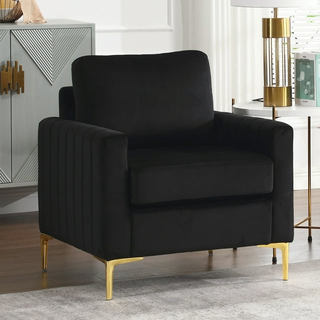 Muumblus Modern Accent Chair, Upholstered Single Sofa Chair Club Arm Chair for Living Room, Comfy Armchair with Metal Legs, Tufted Chair for Reading, Beige Velvet