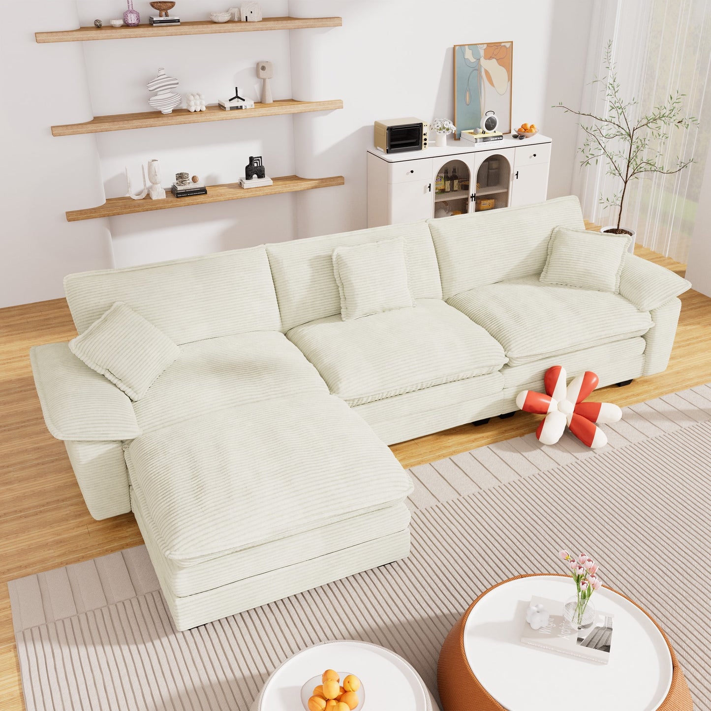 Muumblus Modular Sectional Cloud Couch with Ottoman, Oversized L-Shaped Corduroy Sofa for Living Room