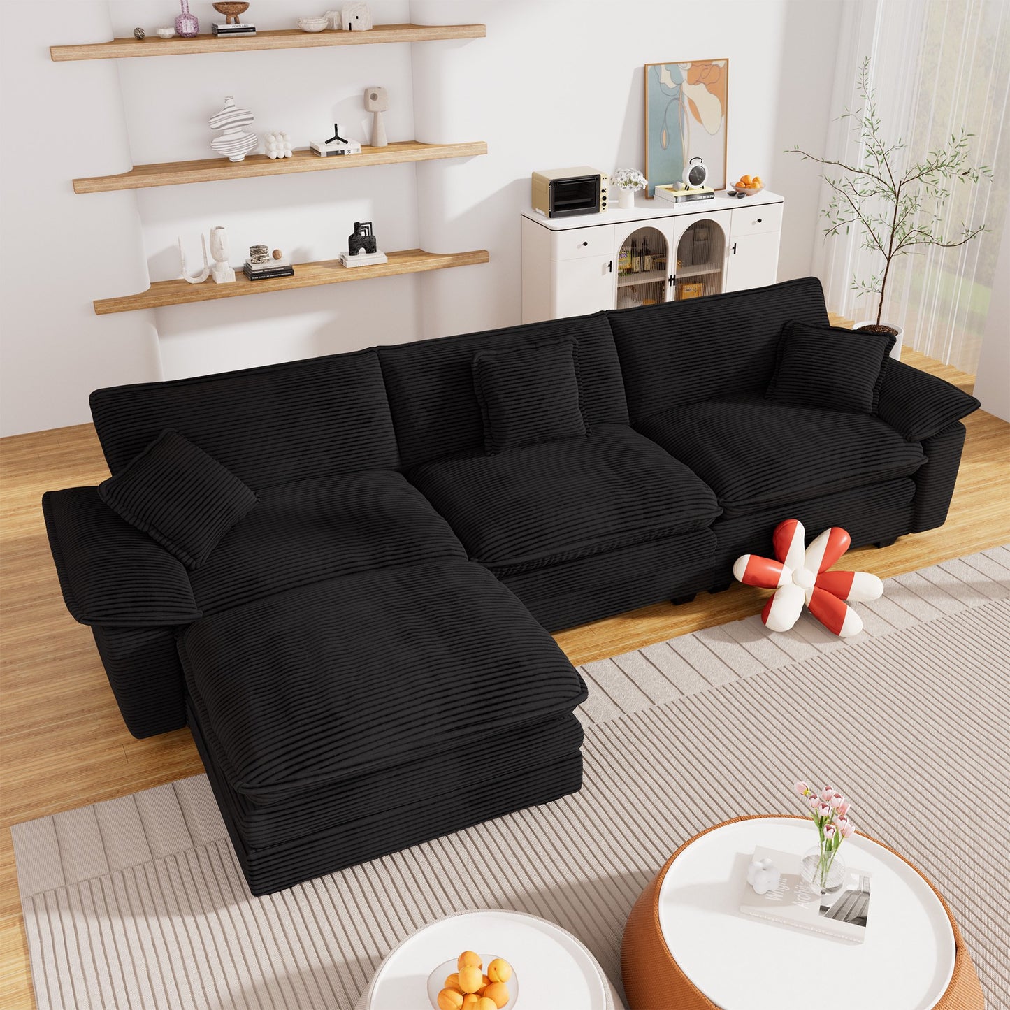 Muumblus Modular Sectional Cloud Couch with Ottoman, Oversized L-Shaped Corduroy Sofa for Living Room
