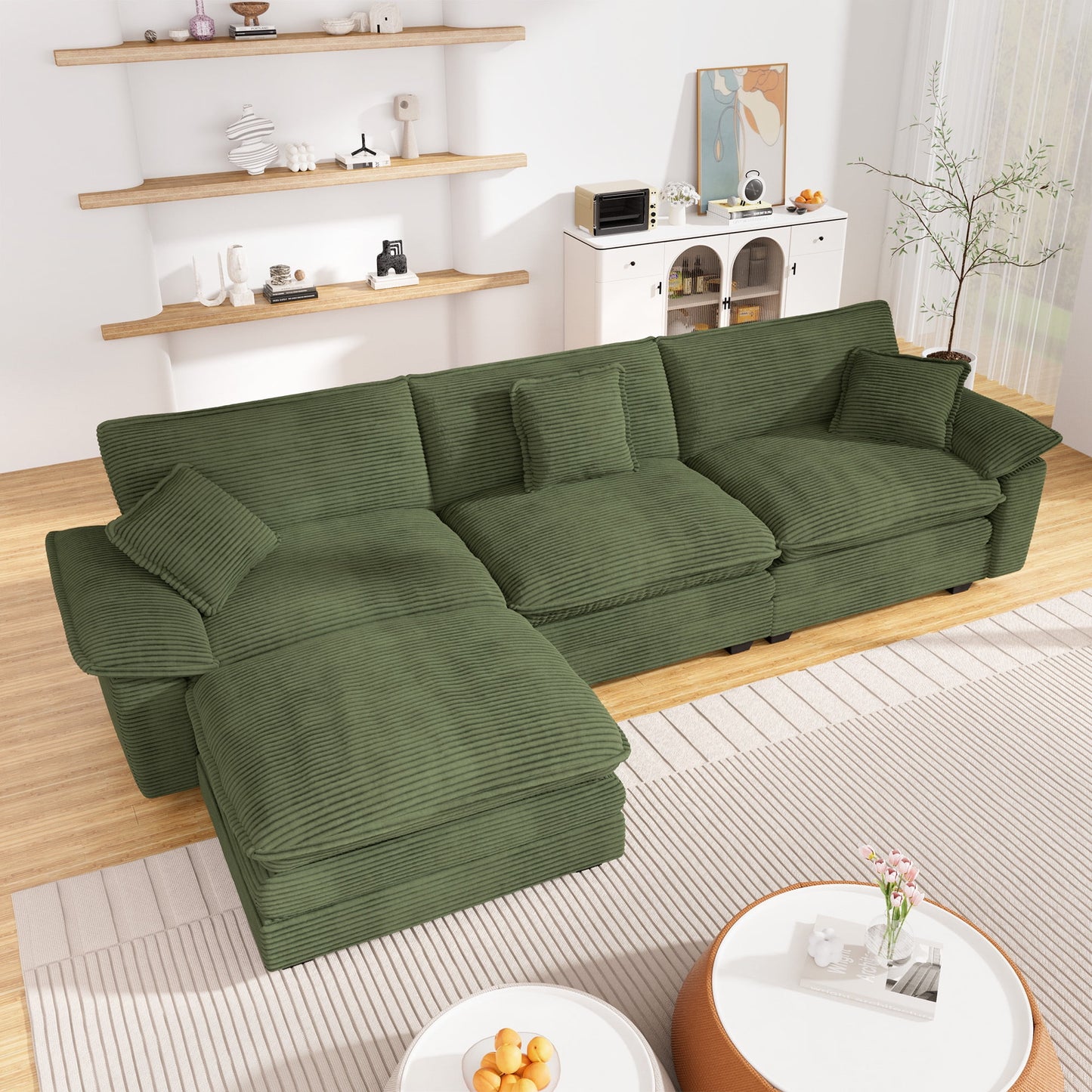 Muumblus Modular Sectional Cloud Couch with Ottoman, Oversized L-Shaped Corduroy Sofa for Living Room