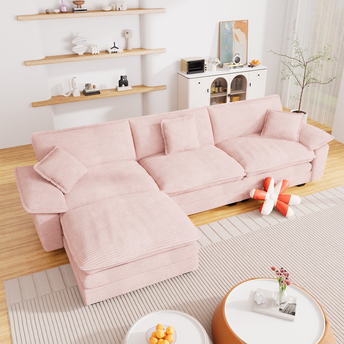 Muumblus Modular Sectional Cloud Couch with Ottoman, Oversized L-Shaped Corduroy Sofa for Living Room