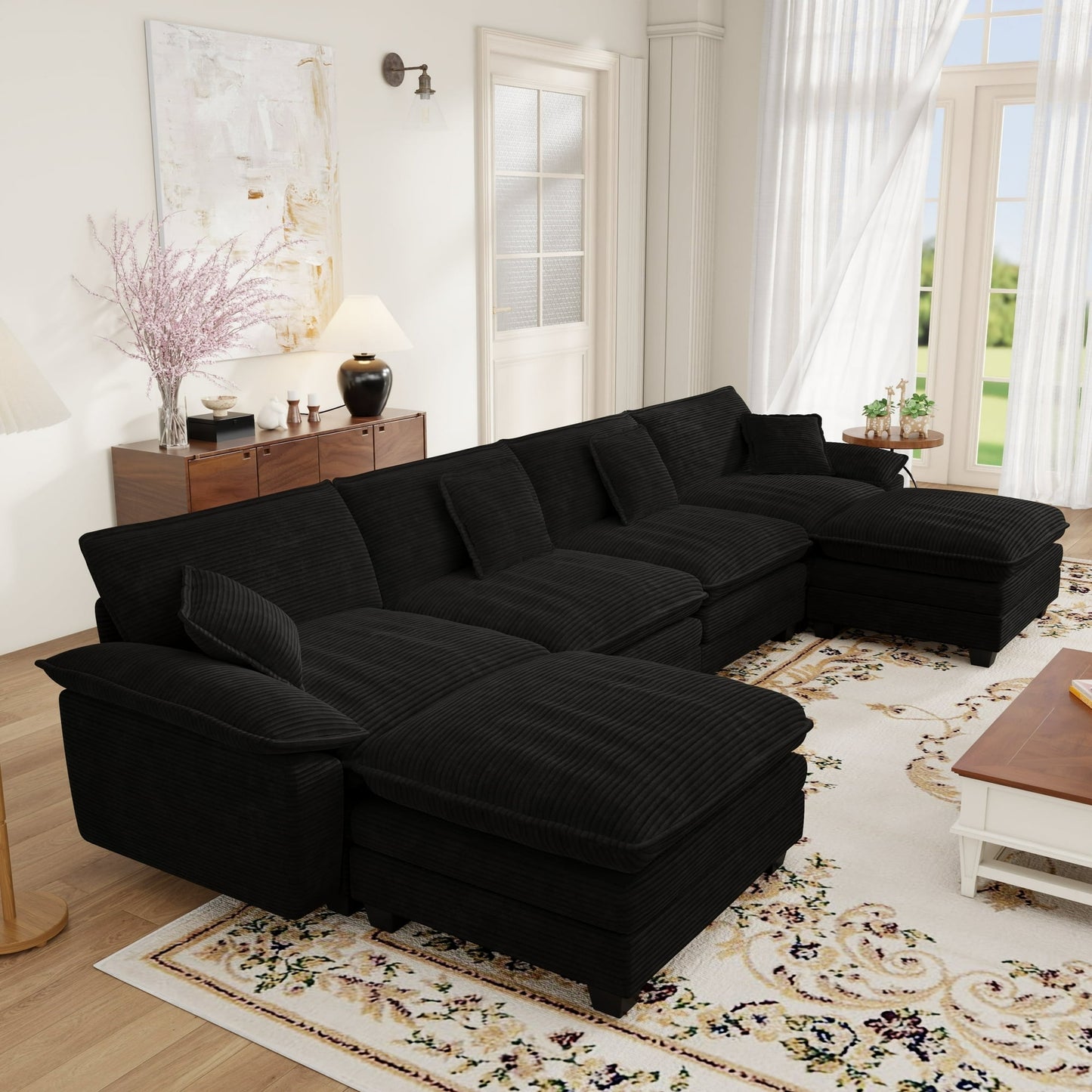 Muumblus Modular Sectional Cloud Couch with Ottoman, Oversized U-Shaped Corduroy Sofa for Living Room