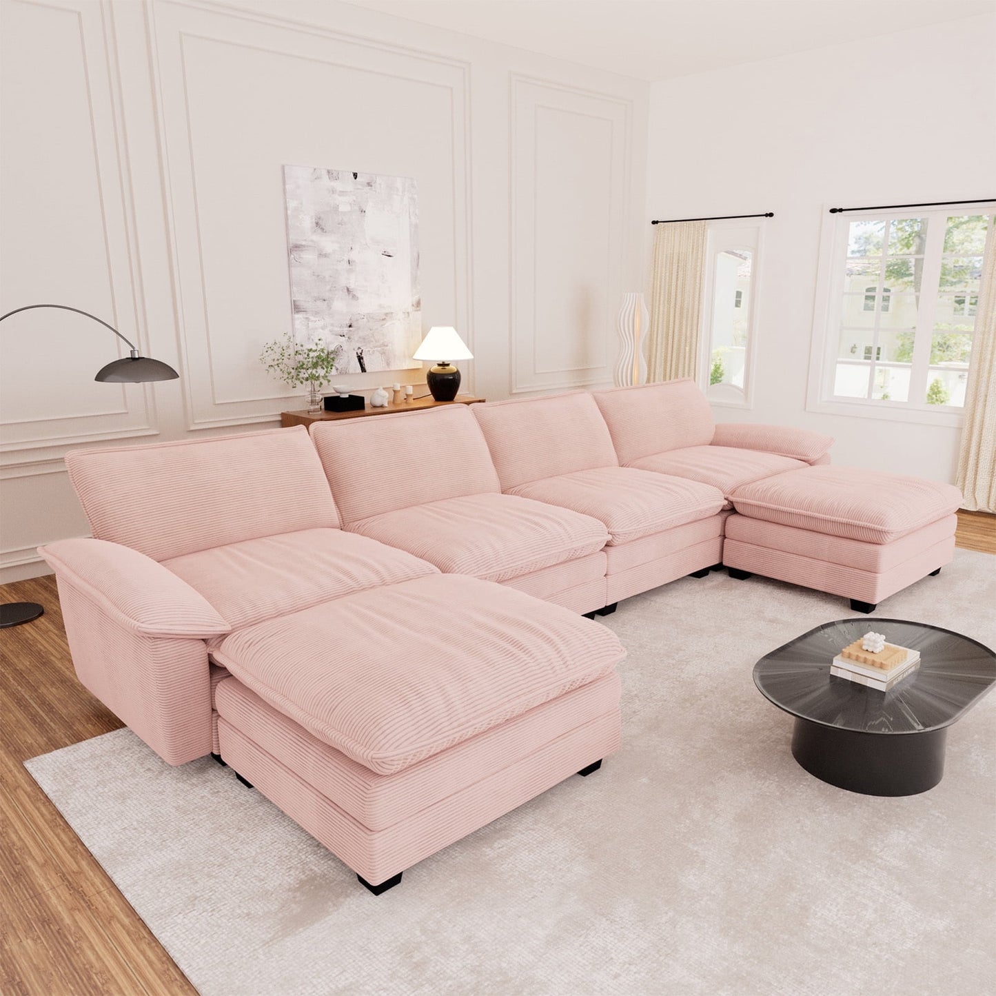 Muumblus Modular Sectional Cloud Couch with Ottoman, Oversized U-Shaped Corduroy Sofa for Living Room