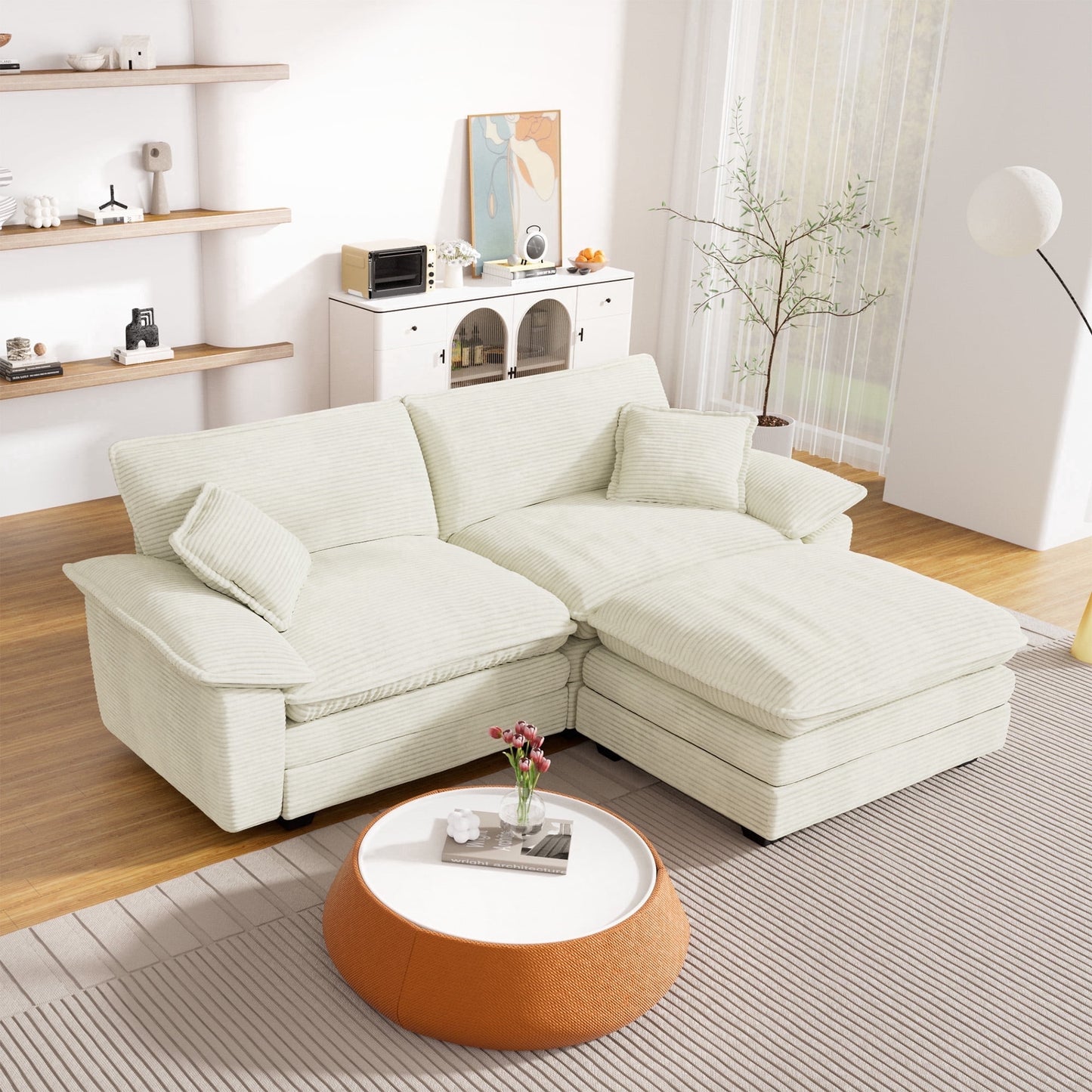 Muumblus Modular Sectional Cloud Couch with Reversible Ottoman, Oversized 2 Seats L-Shaped Corduroy Sofa for Living Room, 80.5 " Beige