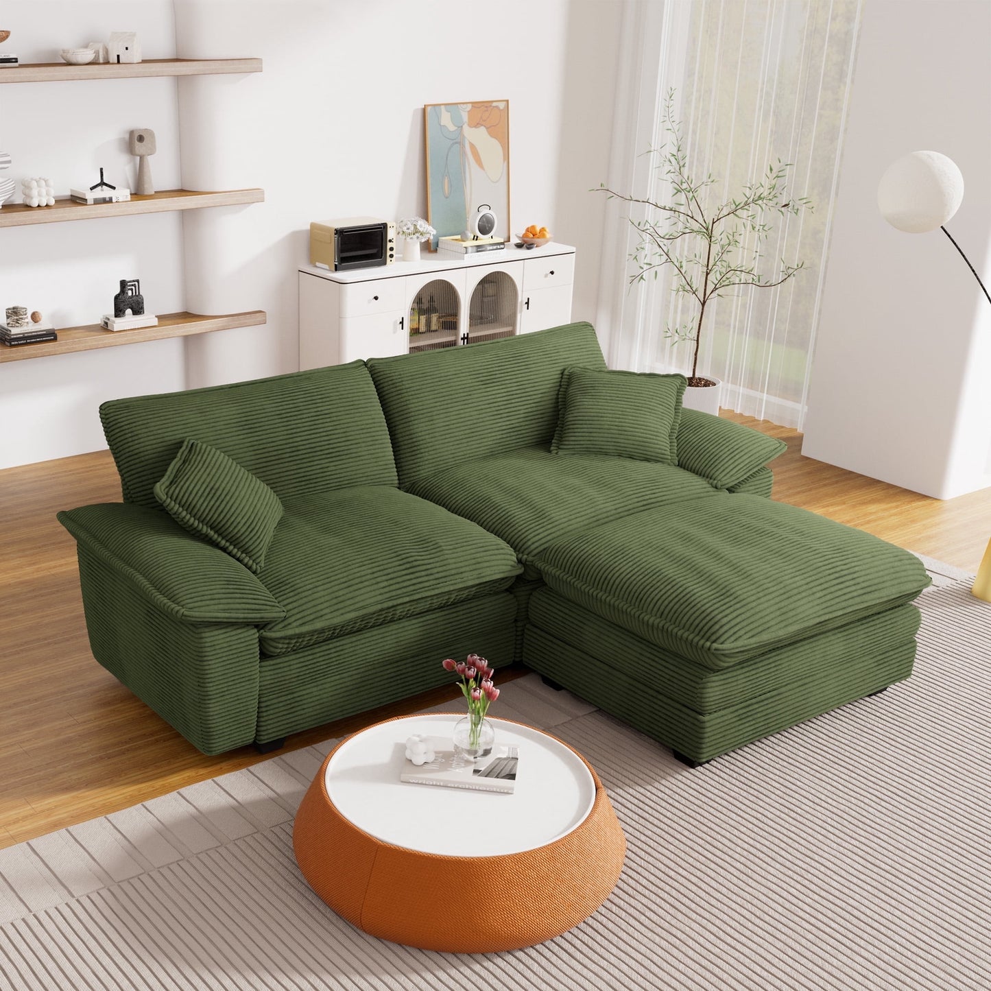 Muumblus Modular Sectional Cloud Couch with Reversible Ottoman, Oversized 2 Seats L-Shaped Corduroy Sofa for Living Room, 80.5 " Beige