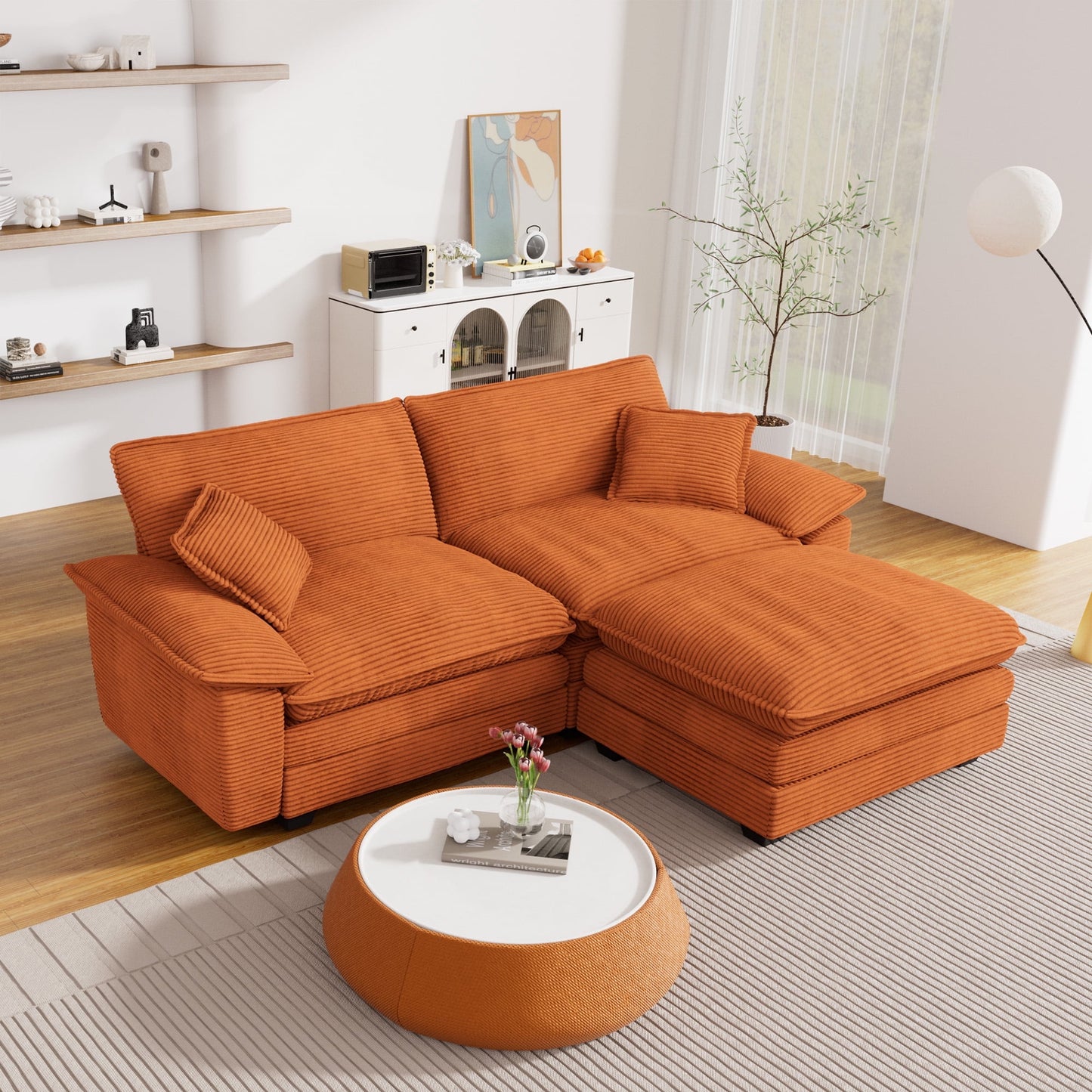 Muumblus Modular Sectional Cloud Couch with Reversible Ottoman, Oversized 2 Seats L-Shaped Corduroy Sofa for Living Room, 80.5 " Beige