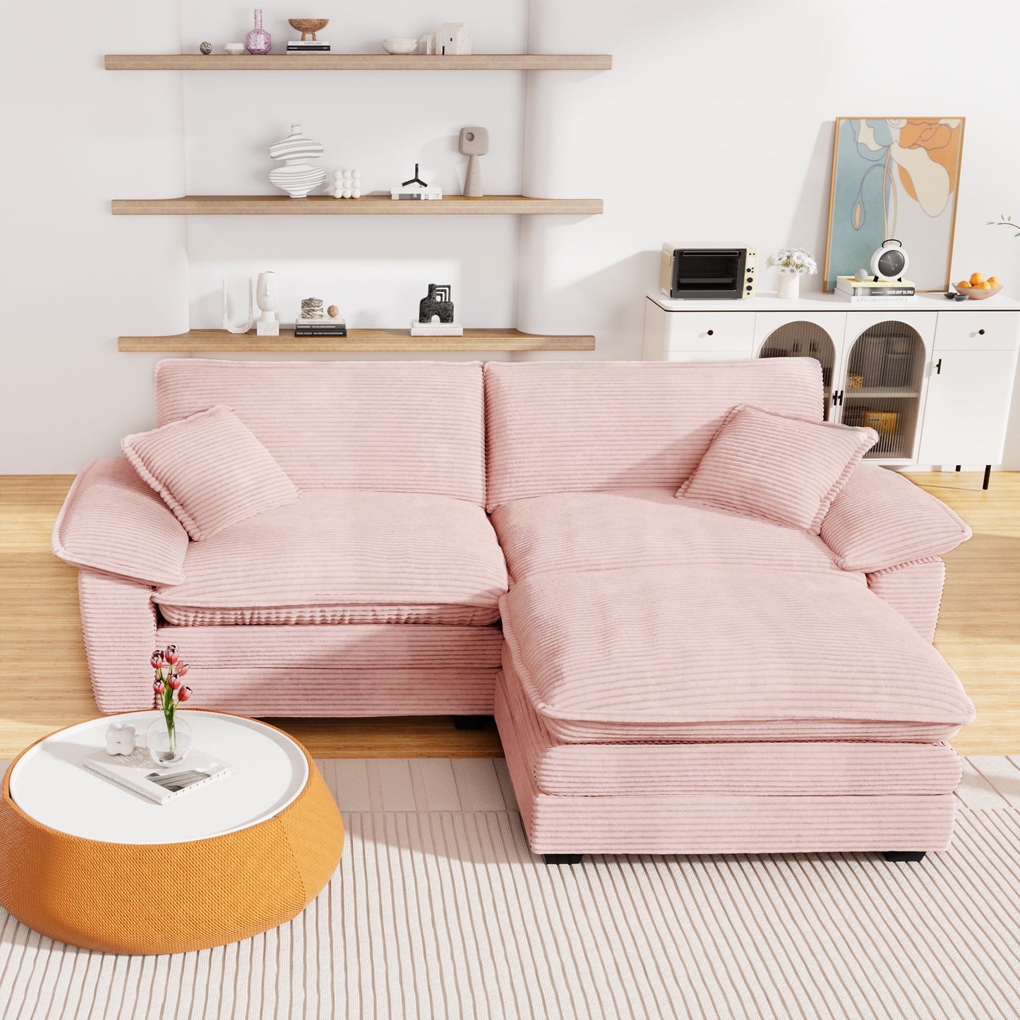 Muumblus Modular Sectional Cloud Couch with Reversible Ottoman, Oversized 2 Seats L-Shaped Corduroy Sofa for Living Room, 80.5 " Beige