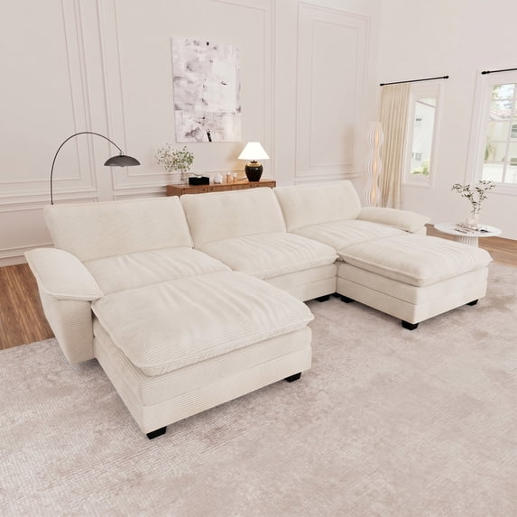 Muumblus Modular Sectional Cloud Sofa with 2 Ottoman, Oversized U-Shaped 3-seater Corduroy Couch for Living Room, Beige