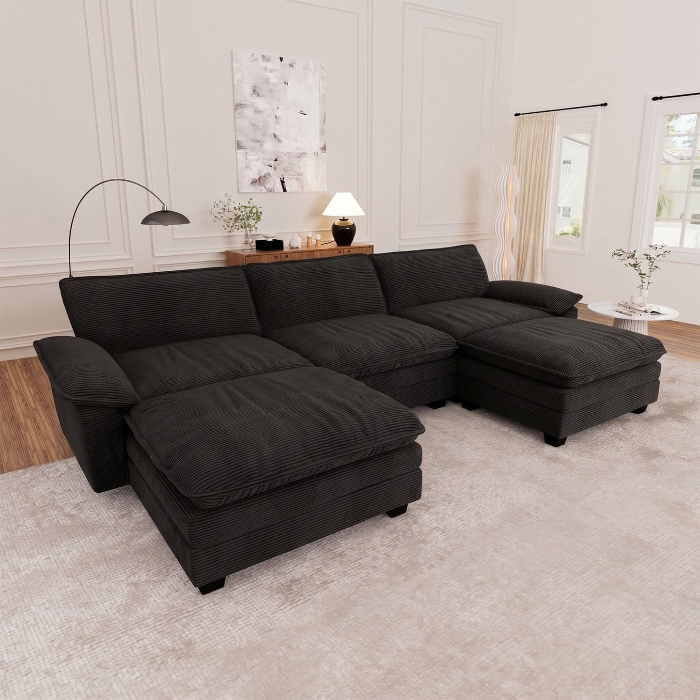 Muumblus Modular Sectional Cloud Sofa with 2 Ottoman, Oversized U-Shaped 3-seater Corduroy Couch for Living Room, Beige