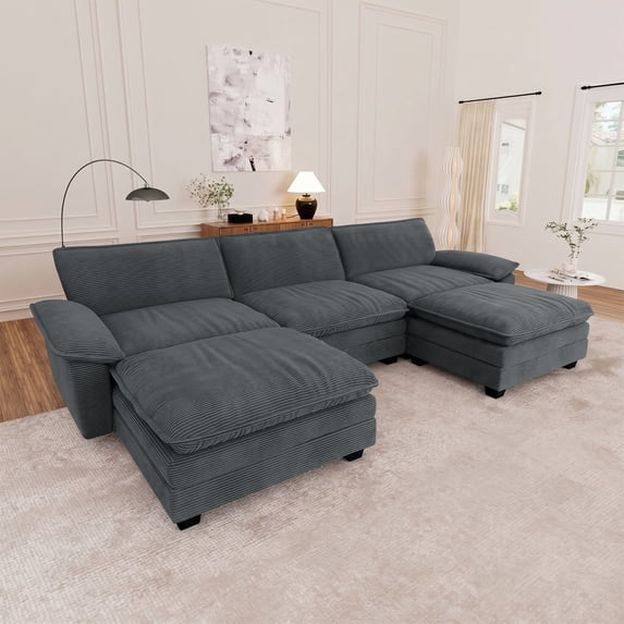 Muumblus Modular Sectional Cloud Sofa with 2 Ottoman, Oversized U-Shaped 3-seater Corduroy Couch for Living Room, Beige