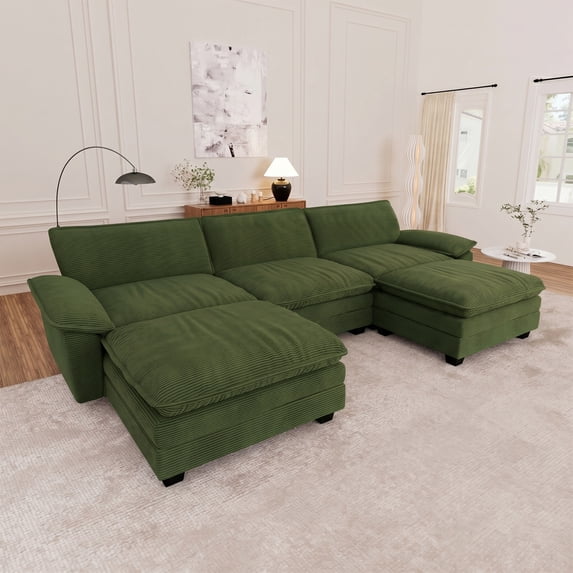Muumblus Modular Sectional Cloud Sofa with 2 Ottoman, Oversized U-Shaped 3-seater Corduroy Couch for Living Room, Beige