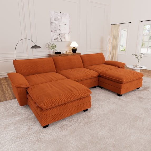 Muumblus Modular Sectional Cloud Sofa with 2 Ottoman, Oversized U-Shaped 3-seater Corduroy Couch for Living Room, Beige