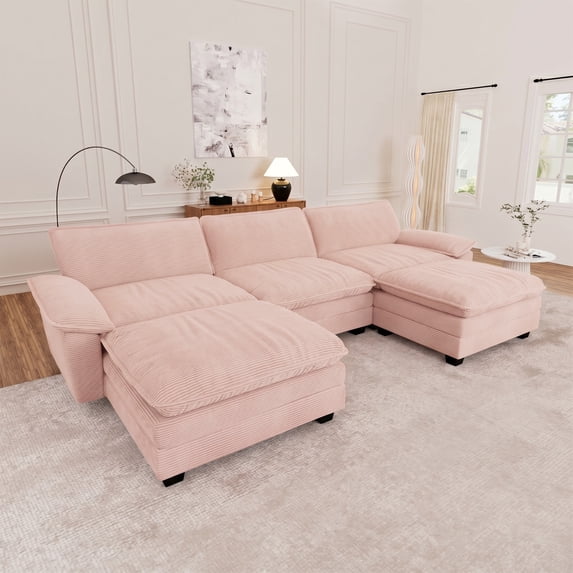 Muumblus Modular Sectional Cloud Sofa with 2 Ottoman, Oversized U-Shaped 3-seater Corduroy Couch for Living Room, Beige