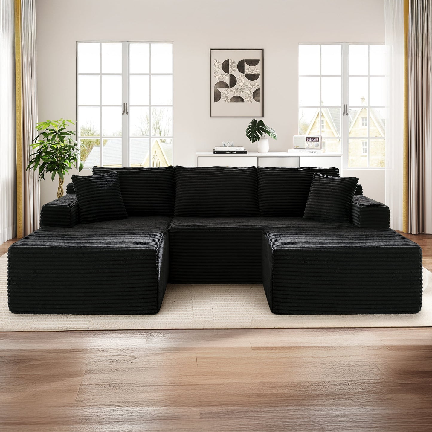 Muumblus Modular Sectional Sofa, Oversized U-Shape Cloud Couch, Modern Corduroy Sleeper Couches for Living Room, No Assembly Required, Black (Right Facing Chaise)