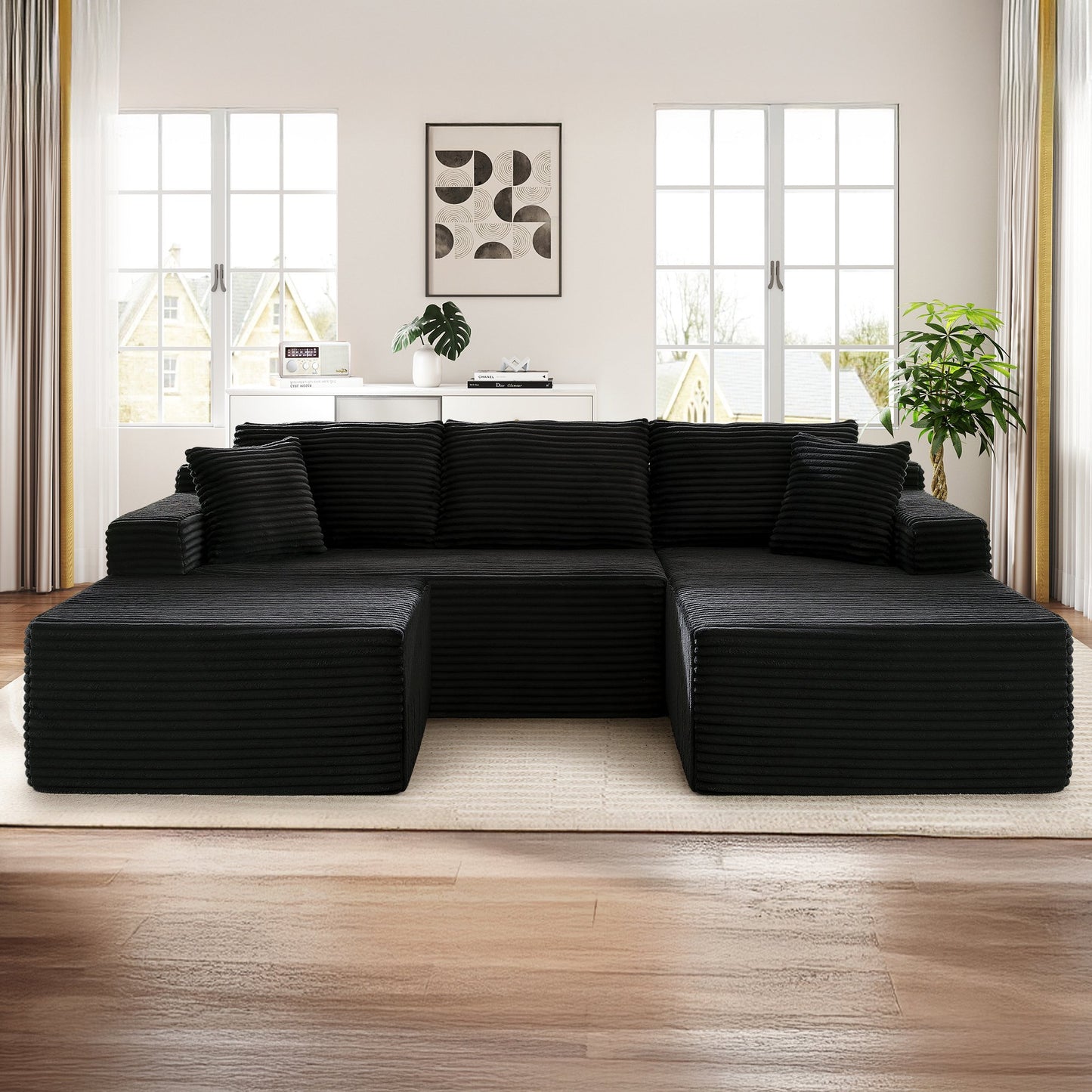 Muumblus Modular Sectional Sofa, Oversized U-Shape Cloud Couch, Modern Corduroy Sleeper Couches for Living Room, No Assembly Required, Black (Right Facing Chaise)