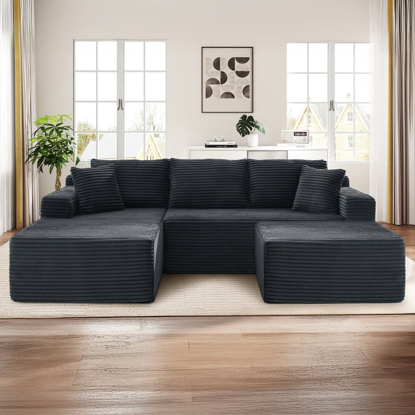 Muumblus Modular Sectional Sofa, Oversized U-Shape Cloud Couch, Modern Corduroy Sleeper Couches for Living Room, No Assembly Required, Black (Right Facing Chaise)