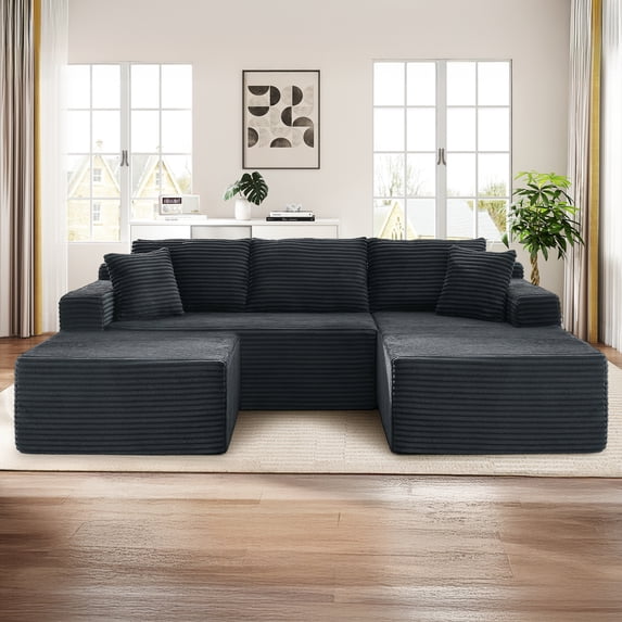 Muumblus Modular Sectional Sofa, Oversized U-Shape Cloud Couch, Modern Corduroy Sleeper Couches for Living Room, No Assembly Required, Black (Right Facing Chaise)
